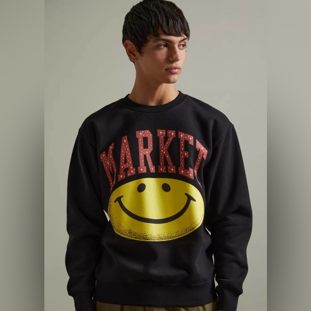 MARKET X SMILEY Puff Print Crew Neck Sweatshirt in Black Size Medium